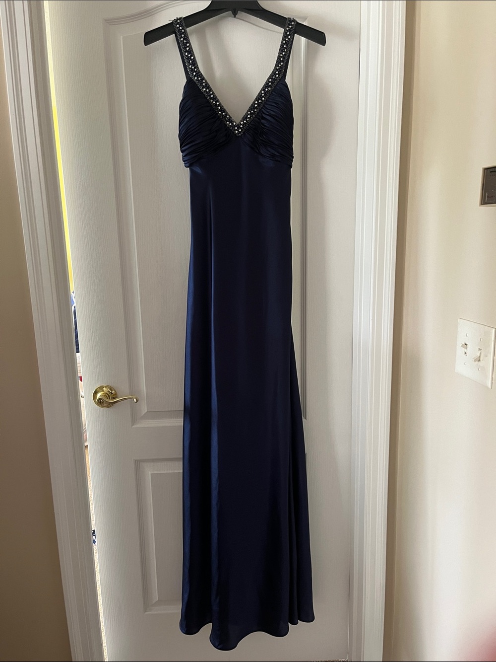 Morgan & Co. Deep Navy Beaded V-Neck Maxi Dress